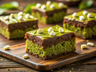 Вкусный брауни с зеленым чаем матча на деревянной подставке. Генеративный ИИ - RomanZ