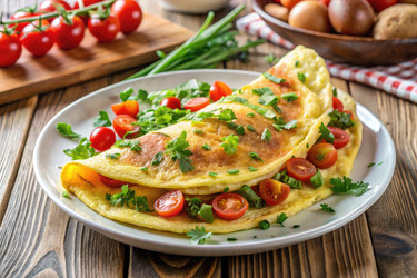 Вкусный омлет со свежими помидорами и зеленью, подается теплым. Генеративный искусственный интеллект - RomanZ