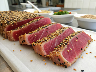 Свежие стейки из тунца в кунжутной панировке, готовые к приготовлению. Генеративный искусственный интеллект - RomanZ