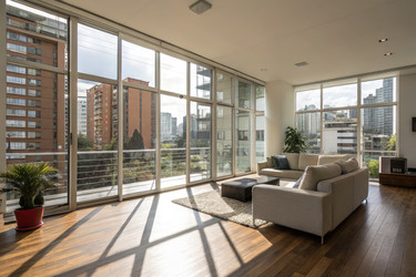 Modern Living Room in a Bogotá Apartment With City Views. Generative AI - RomanZ