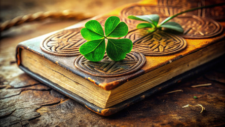 Зеленый клевер лежит на древней книге с кельтским орнаментом. Генеративный ИИ - RomanZ