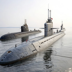Подводные лодки пришвартованы вместе на спокойной воде под ясным небом. Генеративный ИИ - RomanZ