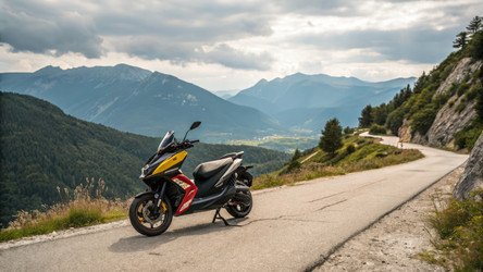 Мотоцикл Yamaha Aerox припаркован на живописной горной дороге с потрясающим видом. Генеративный искусственный интеллект - RomanZ
