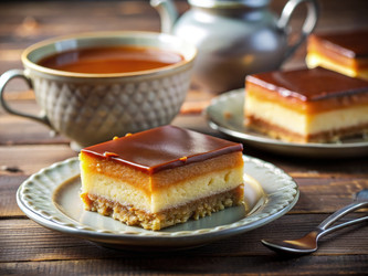 Вкусный карамельный пирог в сочетании с чашкой чая на десерт. Генеративный ИИ - RomanZ