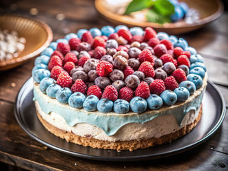 Вкусный голубой торт с малиной и черникой на витрине. Генеративный искусственный интеллект - RomanZ