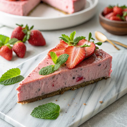 Нежный розовый кусочек чизкейка, украшенный клубникой. Генеративный искусственный интеллект - RomanZ