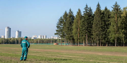 Мужчина наблюдает за деревьями на площадке для очистки воздуха в российском городе. Генеративный искусственный интеллект - RomanZ