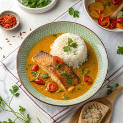 Вкусный суп карри с рисом и рыбой, поданный на тарелке. Генеративный искусственный интеллект - RomanZ