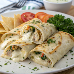Куриные рулетики с сыром и чесноком, подаются с гарниром и свежей зеленью. Генеративный искусственный интеллект - RomanZ