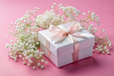Elegant White Gift Box Adorned With Baby’s Breath Flowers. Generative AI - RomanZ