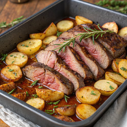Вкуснейшая запеканка из стейка и картофеля с украшением из розмарина. Генеративный искусственный интеллект - RomanZ