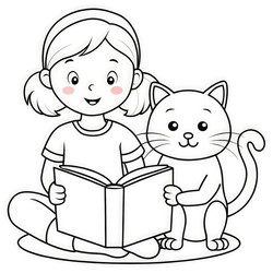 Кот сидит на книге, пока девочка наслаждается чтением, сидя на полу. Генеративный ИИ - RomanZ