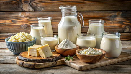 Свежие молочные продукты, выставленные на деревянном фоне. Генеративный искусственный интеллект - RomanZ