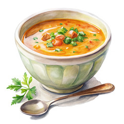 Вкусный суп в декоративной тарелке со свежей зеленью. Генеративный искусственный интеллект - RomanZ