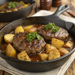 Вкуснейший салисберийский стейк с картофелем, приготовленный на сковороде. Генеративный ИИ - RomanZ