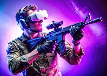 Молодой человек в блестящих VR-очках участвует в военной симуляции. Генеративный ИИ - RomanZ