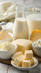 Ассортимент молочных продуктов с высоким содержанием жира, включающий различные виды сыра и сливок. Генеративный искусственный интеллект - RomanZ
