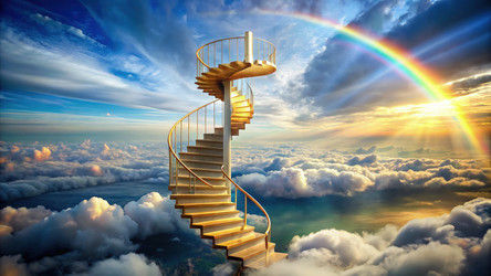 Винтовая лестница, ведущая к горшочку с золотом в сказочном небе. Генеративный ИИ - RomanZ