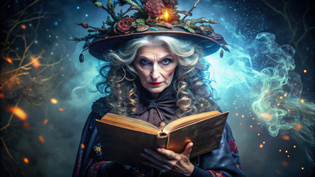 Эксцентричная старая ведьма с хитрым прищуром читает древнюю книгу. Генеративный ИИ - RomanZ