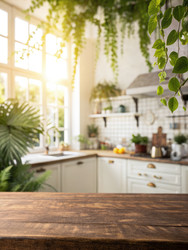 Светлая кухня с деревянным столом и пышной зеленью. Генеративный искусственный интеллект - RomanZ