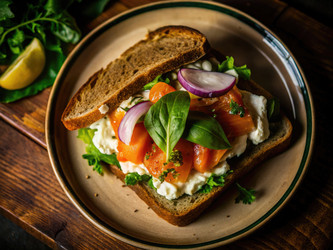 Вкусный сэндвич с лососем, свежими овощами и зеленью. Генеративный искусственный интеллект - RomanZ