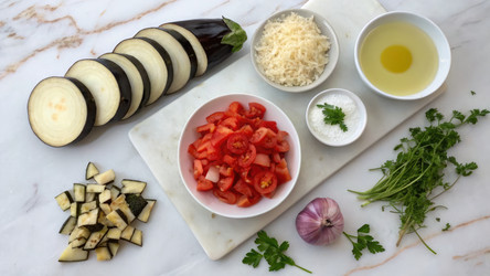 Ингредиенты для приготовления вкусного блюда из баклажанов в домашних условиях. Генеративный искусственный интеллект - RomanZ