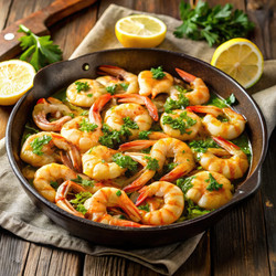 Вкусные домашние креветки скампи в чугунной сковороде. Генеративный ИИ - RomanZ