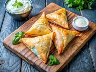 Вкусные треугольные пирожки из слоеного теста фило, подаваемые с соусами. Генеративный искусственный интеллект - RomanZ