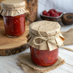 Домашнее варенье с бумажной крышкой на деревенской кухонной столешнице. Генеративный ИИ - RomanZ