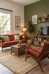 Уютная гостиная в стиле модерн середины века с использованием земляных тонов. Генеративный ИИ - RomanZ