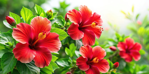 Яркие красные цветы гибискуса (Rosa Sinensis) цветут в саду. Генеративный ИИ - RomanZ