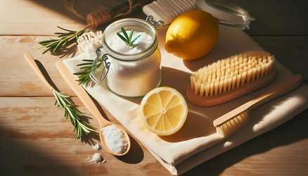Композиция в стиле flat lay: цитрусовые и пищевая сода на деревенском деревянном столе. Изображение создано с помощью искусственного интеллекта - yuyu