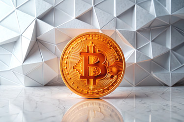 Создайте биткоин на оранжевом геометрическом камне с узором. Генеративный ИИ - RomanZ