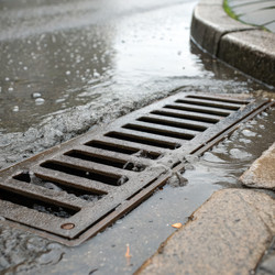 Крупный план прямоугольной водосточной решетки, собирающей дождевую воду. Генеративный искусственный интеллект - RomanZ