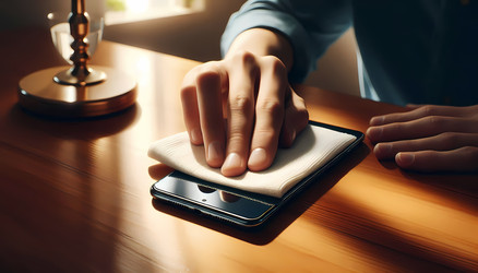 Изображение, созданное искусственным интеллектом: рука в белой микрофибровой тряпке протирает деревянную поверхность рядом с телефоном - yuyu