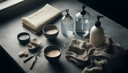 Фотография, сделанная с помощью искусственного интеллекта: две кофейные кружки, пустая ваза, газета и бутылка моющего средства с дозатором - yuyu