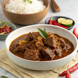 Вкусное блюдо Ренданг Дагинг, подаваемое с рисом и гарнирами. Генеративный искусственный интеллект - RomanZ