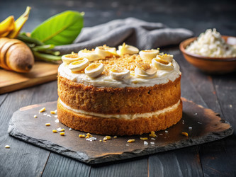 Вкусный бананово-кокосовый торт на сланцевой доске для десерта. Генеративный искусственный интеллект - RomanZ