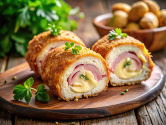 Аппетитный куриный рулет с сыром и ветчиной на деревянном столе. Генеративный ИИ - RomanZ