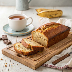 Свежеиспеченный банановый хлеб с чаем и кусочками шоколада. Генеративный ИИ - RomanZ