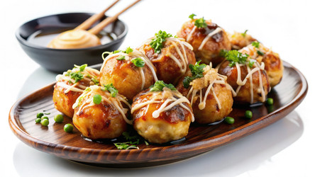 Вкусные шарики такояки из осьминога, политые соусом и посыпанные стружкой тунца бонито. Генеративный ИИ - RomanZ