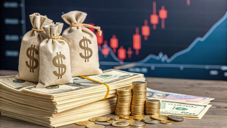 Стопка долларов США с мешочками на деревянной поверхности. Генеративный ИИ - RomanZ