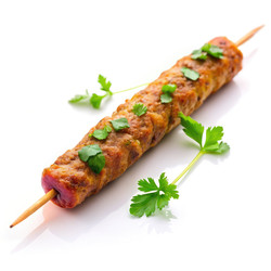 Вкусный шашлык сикх-кебаб на простом белом фоне. Генеративный ИИ - RomanZ