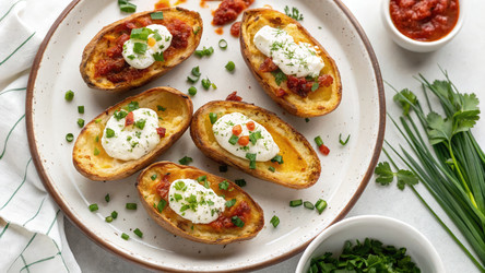 Картофельные шкурки с начинкой, поданные на круглой тарелке. Генеративный искусственный интеллект - RomanZ