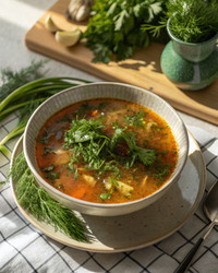 Вкусная тарелка домашнего супа, украшенная свежей зеленью. Генеративный искусственный интеллект - RomanZ