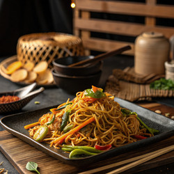 Вкусная китайская овощная лапша, приготовленная на ужин дома. Генеративный искусственный интеллект - RomanZ