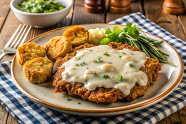 Вкусный жареный стейк из курицы, подается с гарниром и подливкой. Генеративный искусственный интеллект - RomanZ