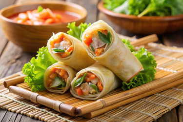 Вкусные спринг-роллы, подаваемые на деревянном подносе. Генеративный искусственный интеллект - RomanZ