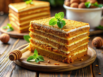 Вкусный слоеный медовый торт, поданный на деревянной тарелке. Генеративный искусственный интеллект - RomanZ