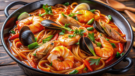 Вкуснейшая острая лапша джампонг с морепродуктами и креветками. Генеративный ИИ - RomanZ
